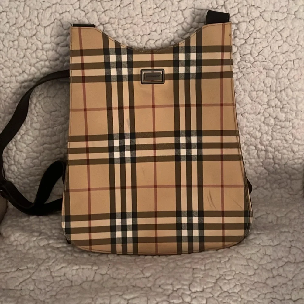 Burberry Tan Plaid Canvas Backpack with Black Straps